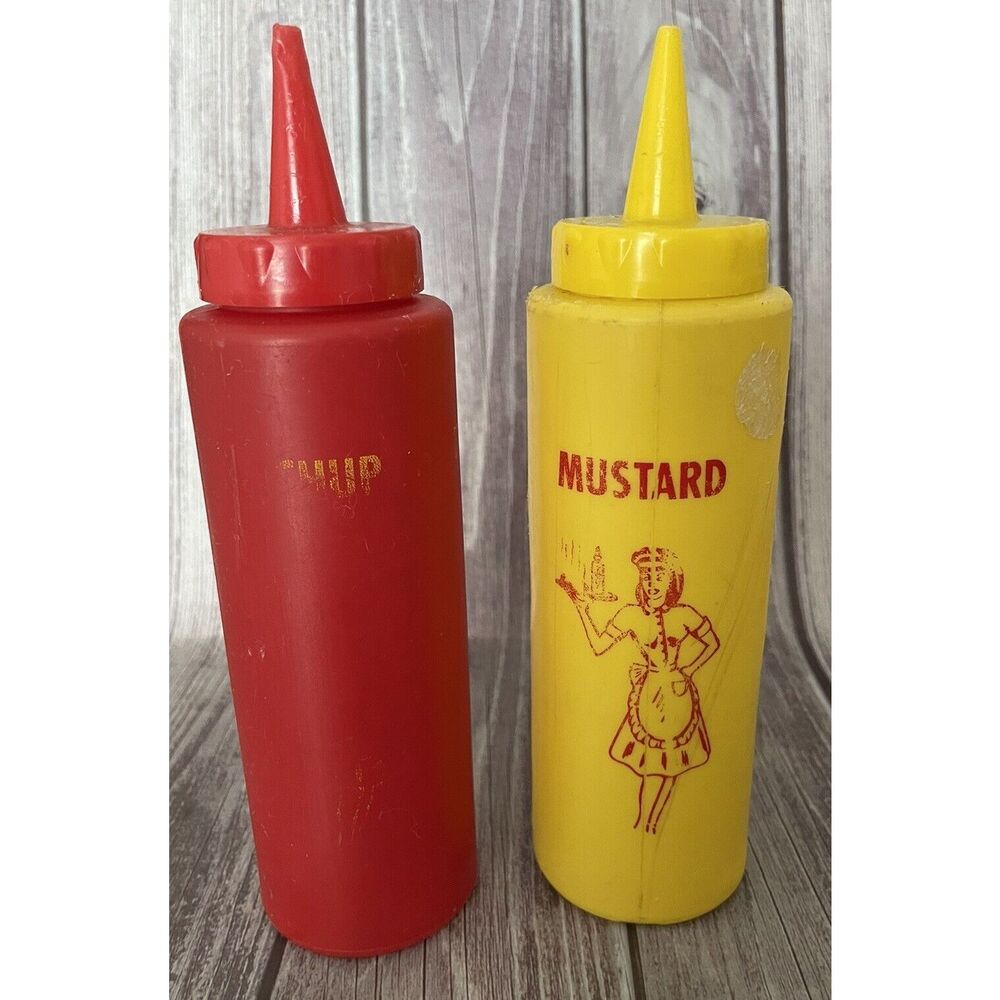 Vtg Tablecraft Diner Kitchen Graphic Plastic Ketchup Mustard Squeeze Bottle Set‎